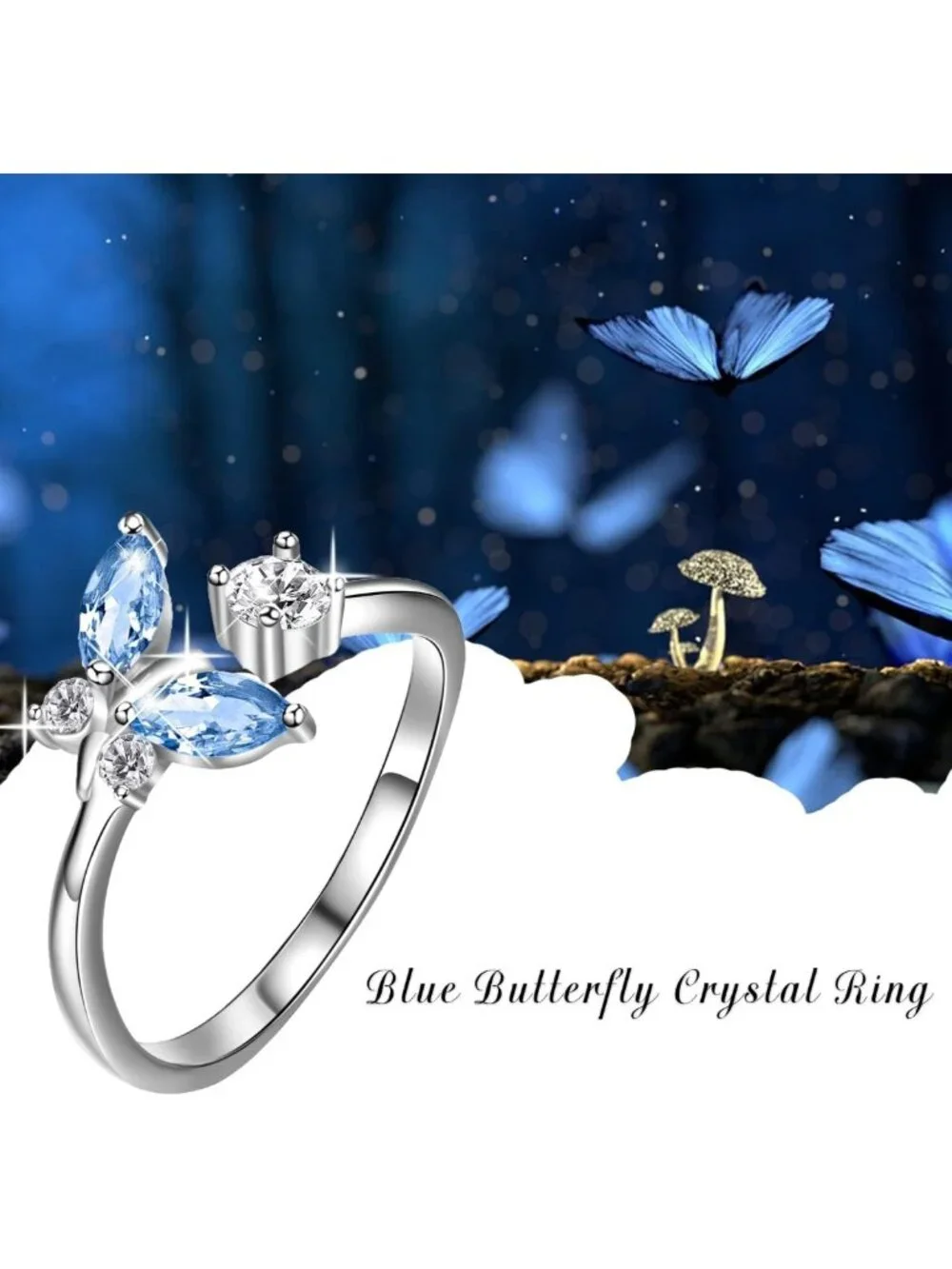 Sterling Silver Butterfly Adjustable Ring with Austrian Crystal, Size 6-10, Gift